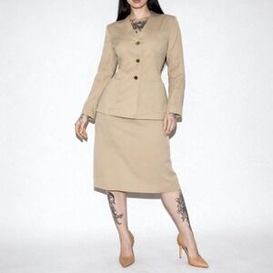 90s Vintage Tan Skirt Suit Womens 10 Collarless Blazer Pencil Skirt V Neck Gold